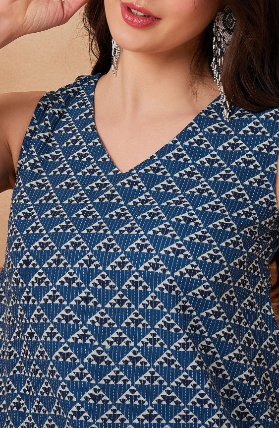 Geometric Printed V-Neck Cotton Top