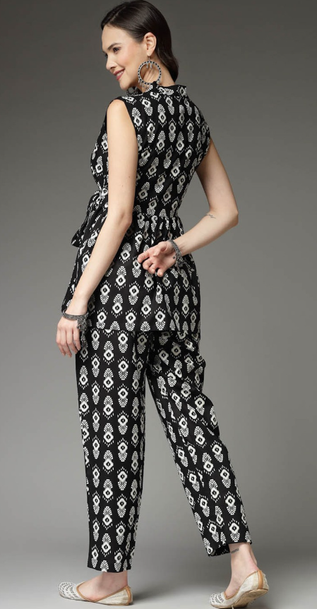 Printed V-Neck Top With Printed Straight Trouser