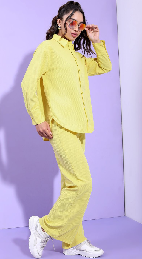 Yellow Self Design Shirt With Trousers