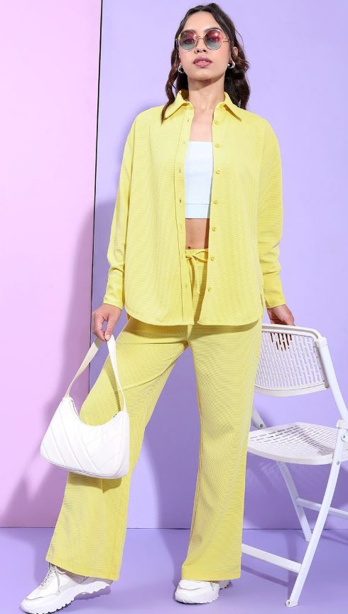 Yellow Self Design Shirt With Trousers