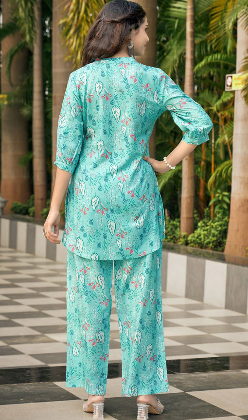 Printed Mandarin Collar Neck Three-Quarter Sleeves Top With Palazzo
