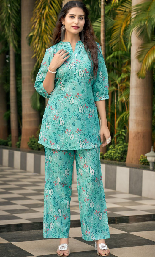 Printed Mandarin Collar Neck Three-Quarter Sleeves Top With Palazzo