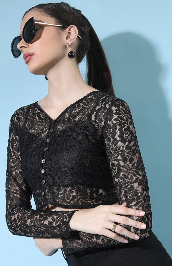 Self Design V-Neck Lace Inserts Detail Crop Top