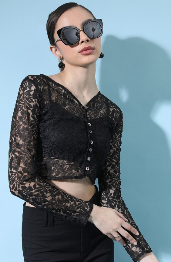 Self Design V-Neck Lace Inserts Detail Crop Top
