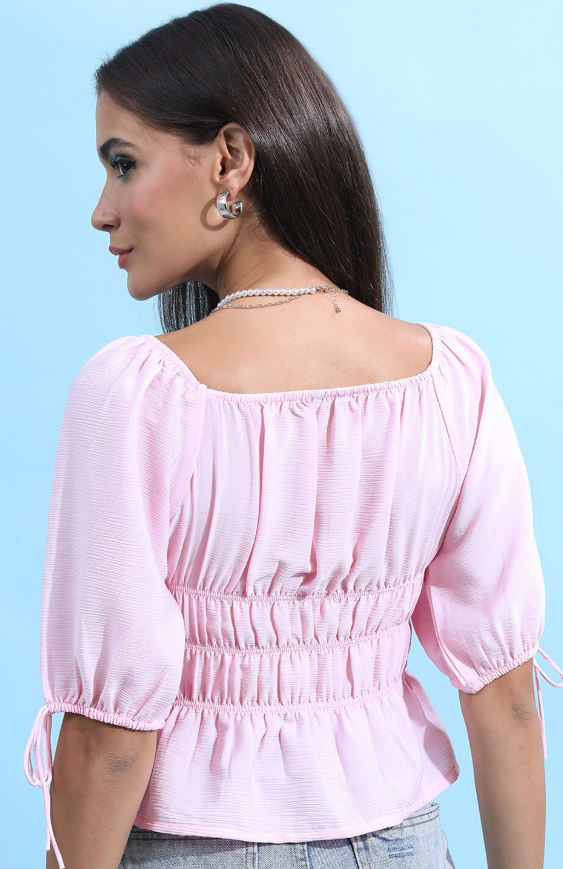 Pink Self Deesign Square Neck Cinched Waist Top