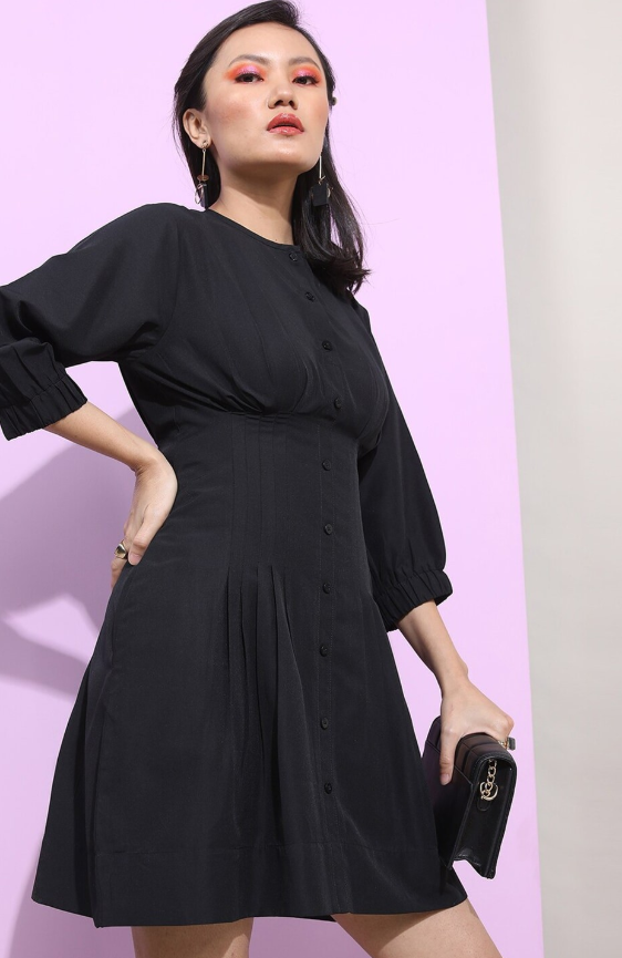 Round Neck Knife Pleats Shirt Style Dress