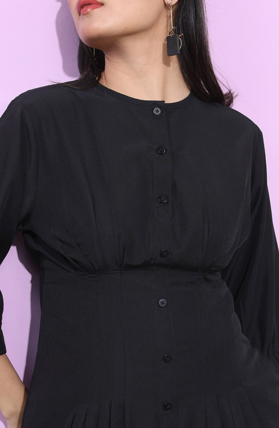 Round Neck Knife Pleats Shirt Style Dress