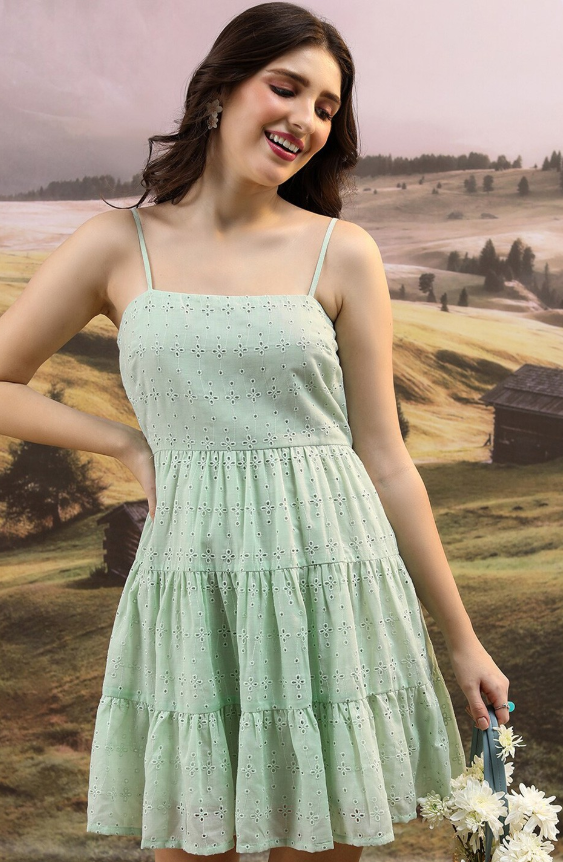 Shoulder Straps Schiffli Fit & Flare Dress