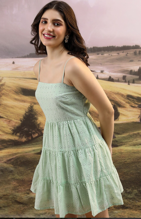 Shoulder Straps Schiffli Fit & Flare Dress