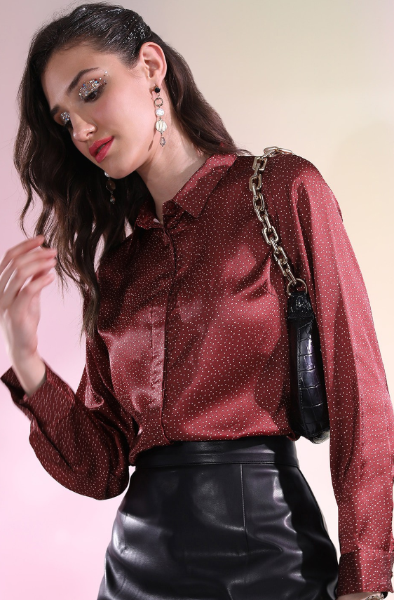 Red Micro Ditsy Printed Satin Casual Shirt