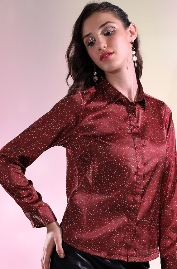 Red Micro Ditsy Printed Satin Casual Shirt