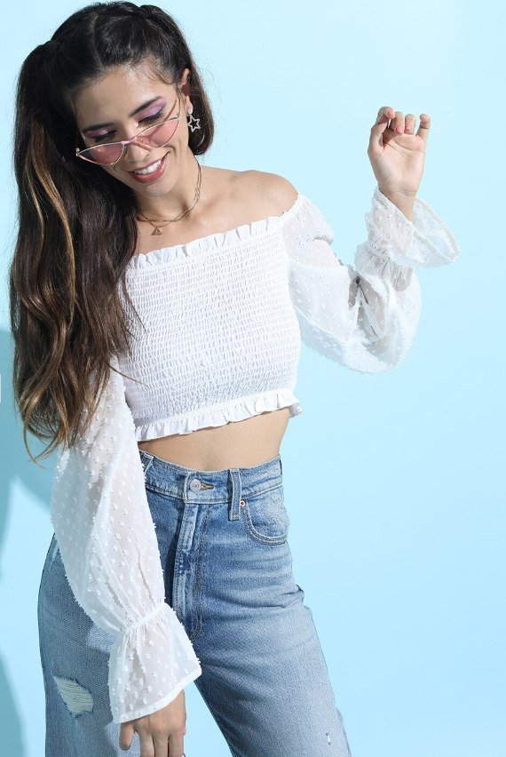 White Off-Shoulder Bardot Crop Top