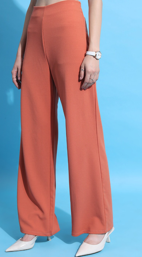 Women Rust Flared Mid-Rise Parallel Trousers
