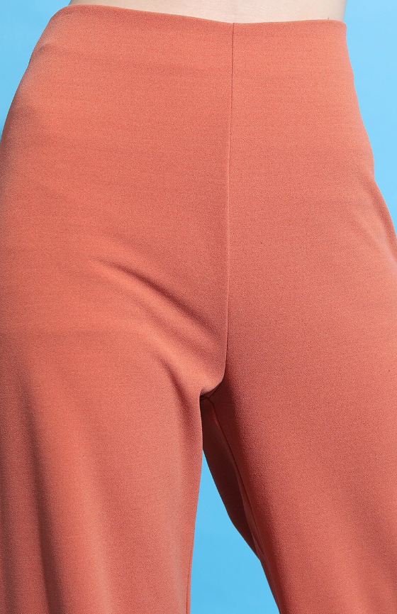 Women Rust Flared Mid-Rise Parallel Trousers