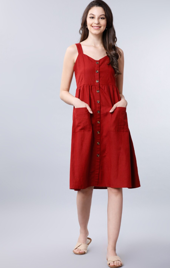 Women Rust Solid A-Line Dress