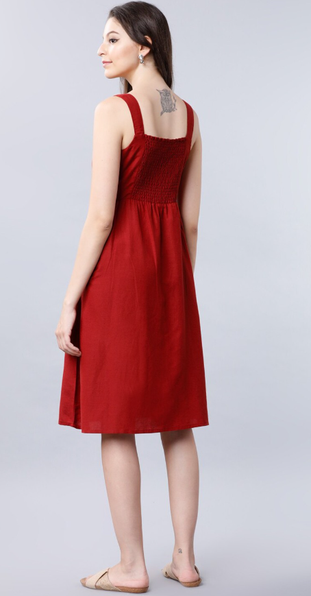 Women Rust Solid A-Line Dress
