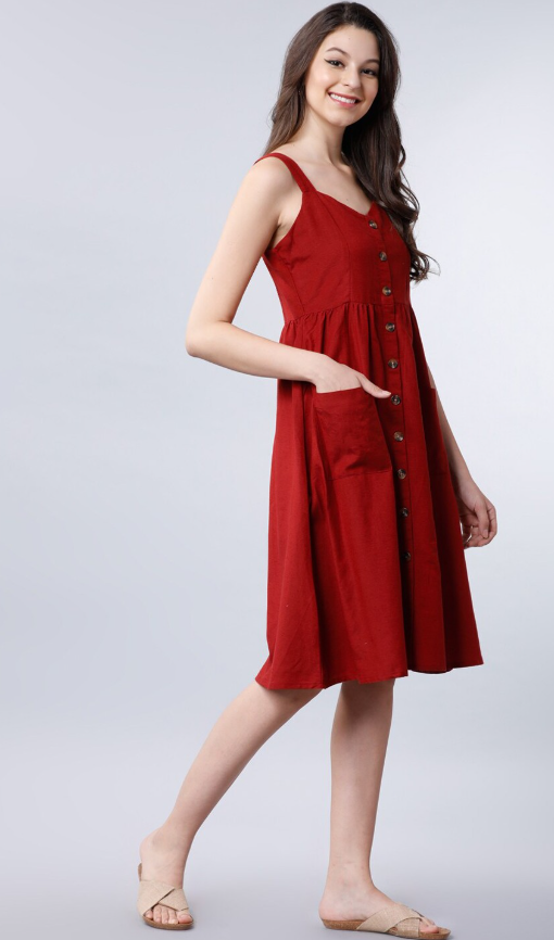 Women Rust Solid A-Line Dress
