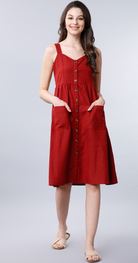 Women Rust Solid A-Line Dress