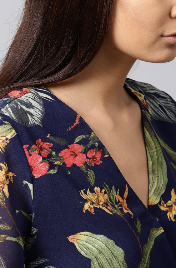 Navy Blue & Green Floral Print Playsuit