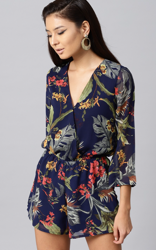 Navy Blue & Green Floral Print Playsuit