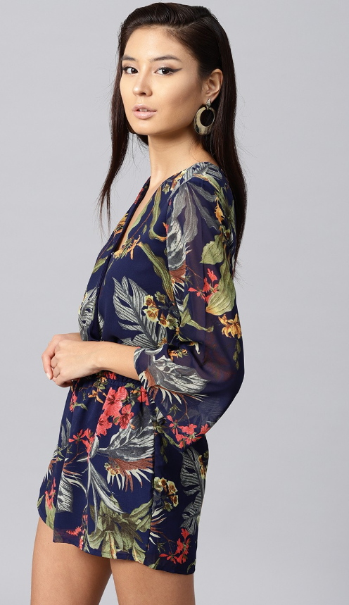 Navy Blue & Green Floral Print Playsuit