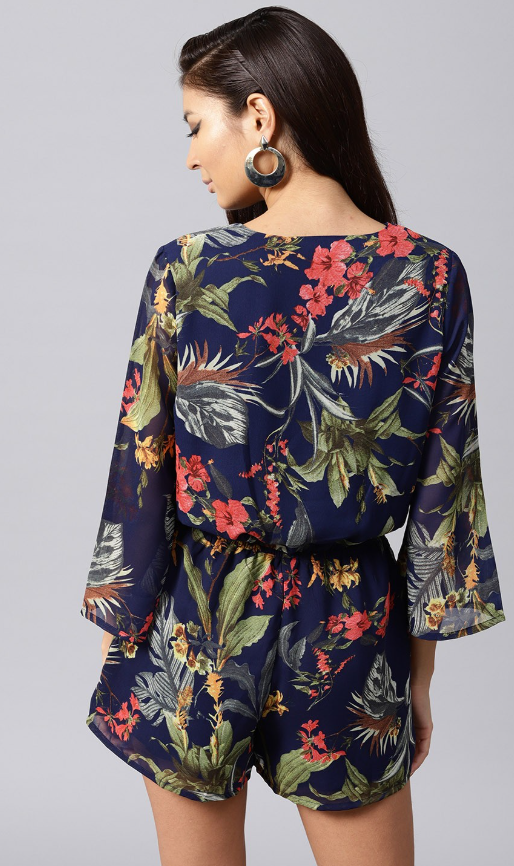 Navy Blue & Green Floral Print Playsuit
