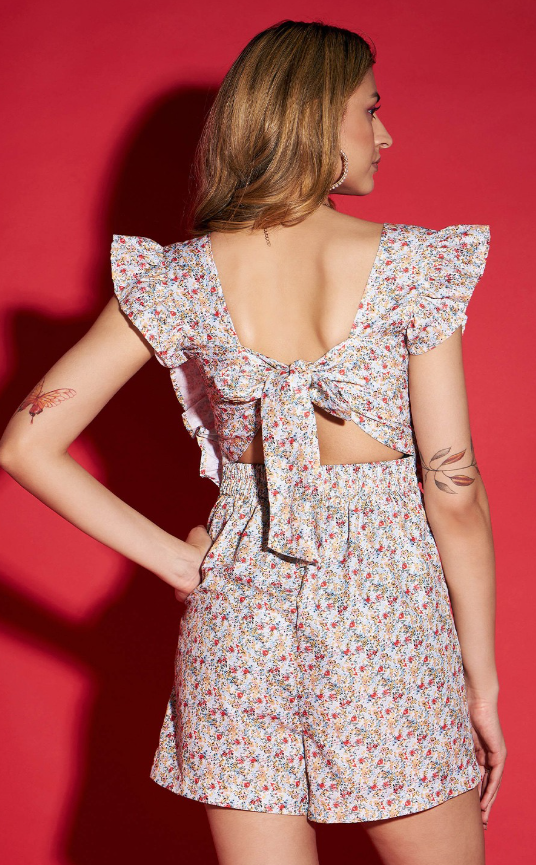 White Floral Print Playsuit With Ruffles