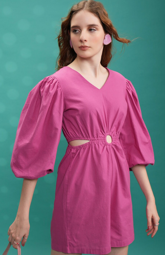 Pink Puff Sleeves Cutout Jumpsuit