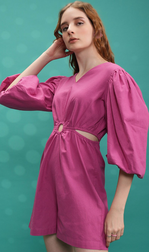 Pink Puff Sleeves Cutout Jumpsuit