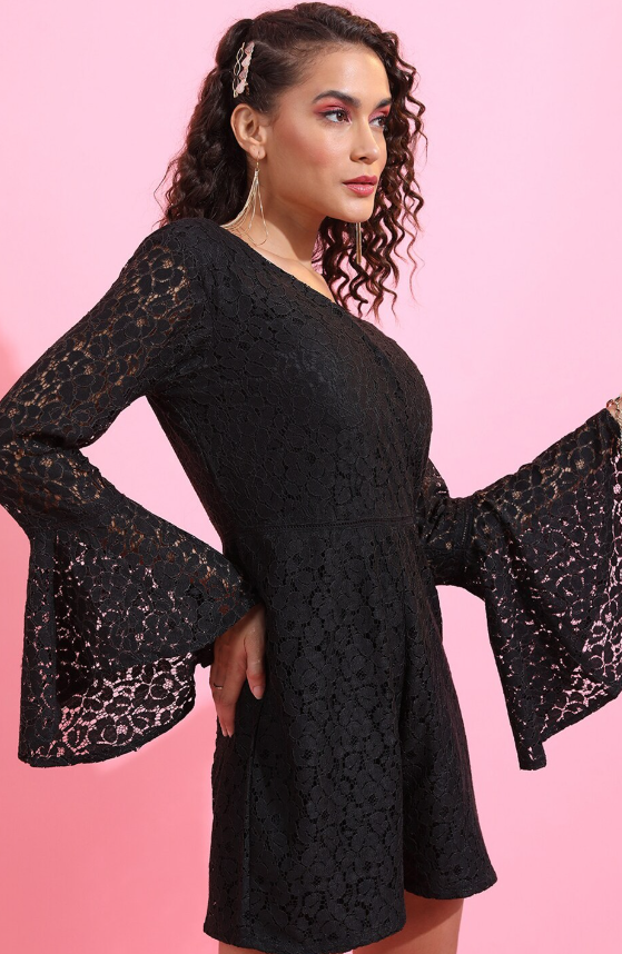 Black Self Design V-Neck Playsuit