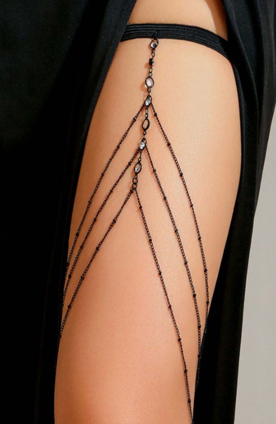 Black Rhinestone Studded Multi Layered Thigh Leg Chain