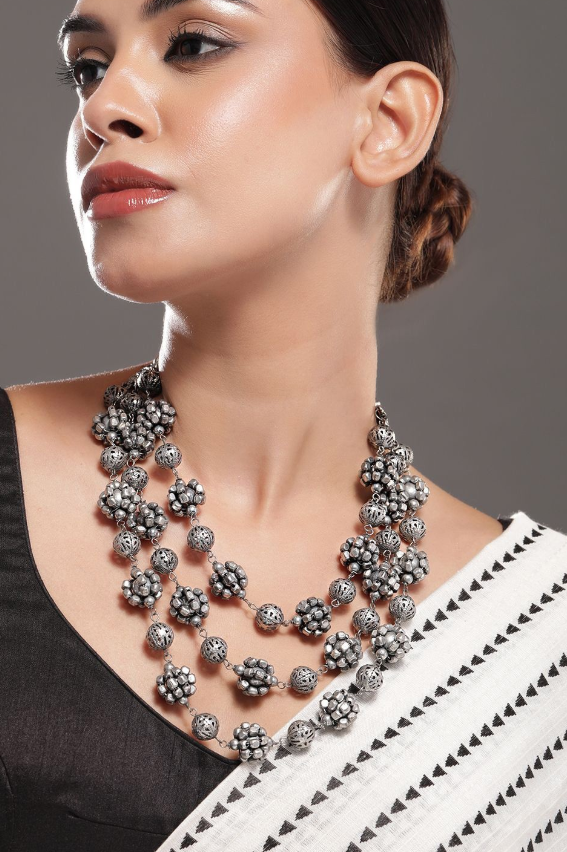 Oxidised Silver-Plated Triple-Layered Floral Bead Statement Necklace for Women