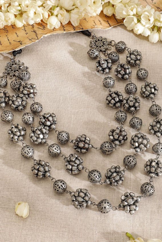 Oxidised Silver-Plated Triple-Layered Floral Bead Statement Necklace for Women