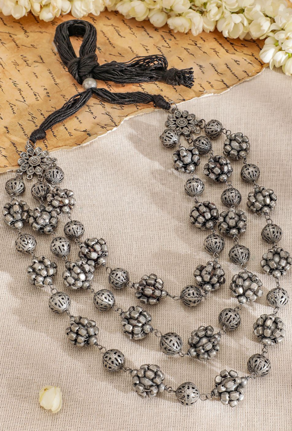 Oxidised Silver-Plated Triple-Layered Floral Bead Statement Necklace for Women