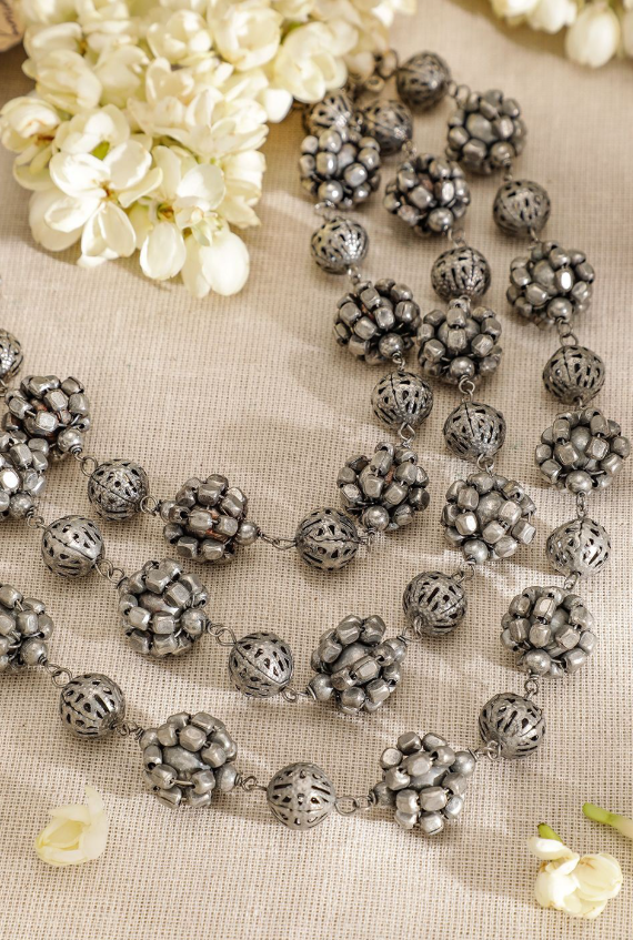 Oxidised Silver-Plated Triple-Layered Floral Bead Statement Necklace for Women