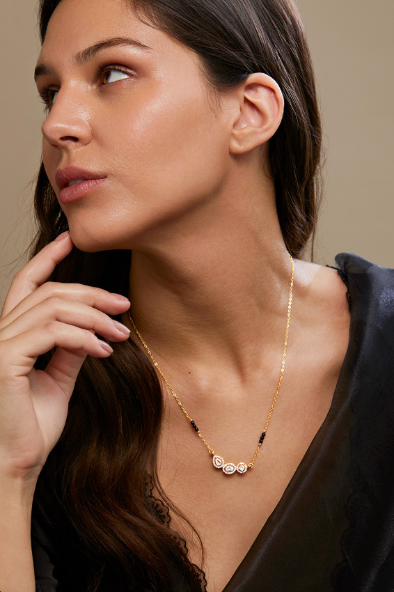 Gold-Plated Diamond -Studded & Beaded Mangalsutra