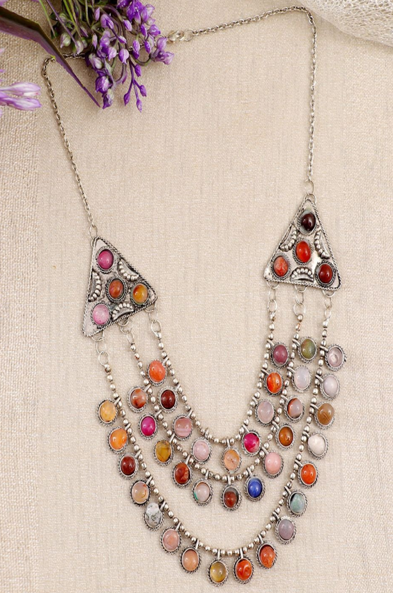 Silver-Plated Oxidized Artificial Stones Studded Layered Minimal Necklace
