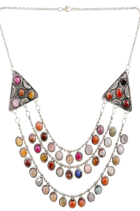 Silver-Plated Oxidized Artificial Stones Studded Layered Minimal Necklace