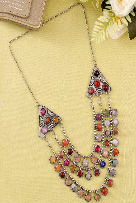 Silver-Plated Oxidized Artificial Stones Studded Layered Minimal Necklace