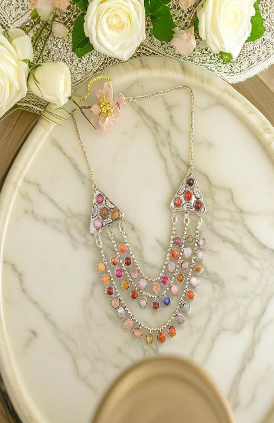 Silver-Plated Oxidized Artificial Stones Studded Layered Minimal Necklace