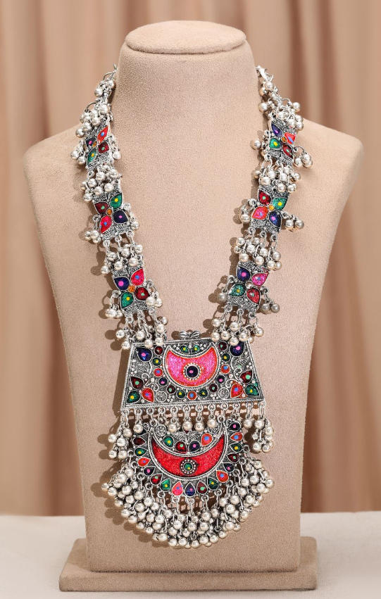 Oxidised Silver-Plated Multicolour Enamel Crescent Motif & Silver Beads Necklace