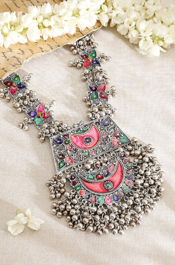 Oxidised Silver-Plated Multicolour Enamel Crescent Motif & Silver Beads Necklace