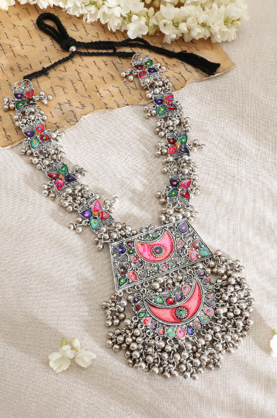 Oxidised Silver-Plated Multicolour Enamel Crescent Motif & Silver Beads Necklace