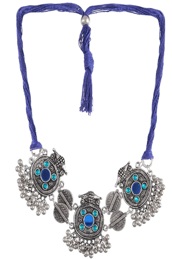 Silver-Plated Artificial Stones Studded Oxidized Boho Choker Statement Necklac