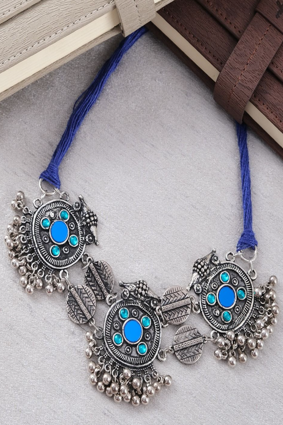 Silver-Plated Artificial Stones Studded Oxidized Boho Choker Statement Necklac
