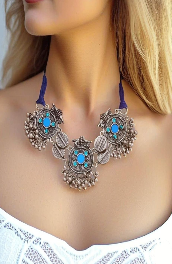 Silver-Plated Artificial Stones Studded Oxidized Boho Choker Statement Necklac