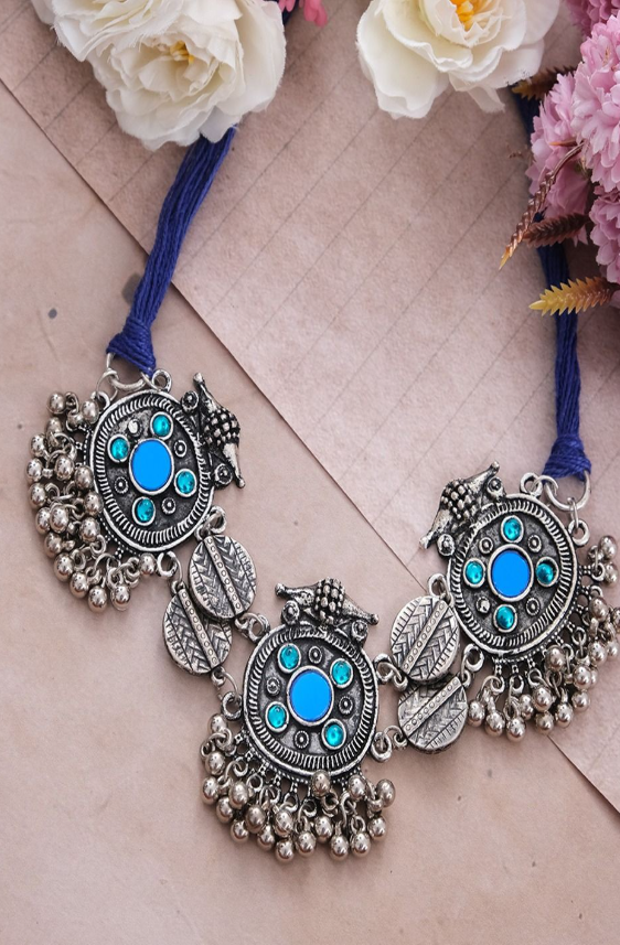Silver-Plated Artificial Stones Studded Oxidized Boho Choker Statement Necklac