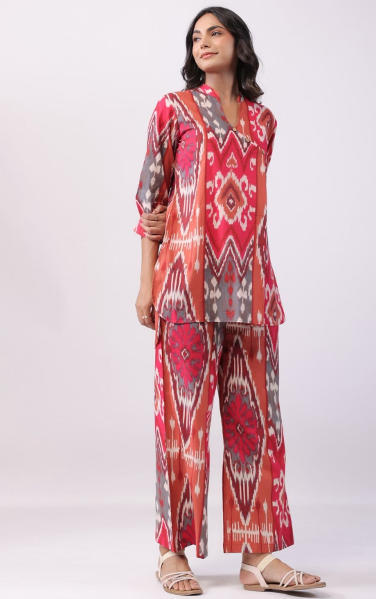 Ethnic Motifs Printed Mandarin Collar Tunic With Palazzos