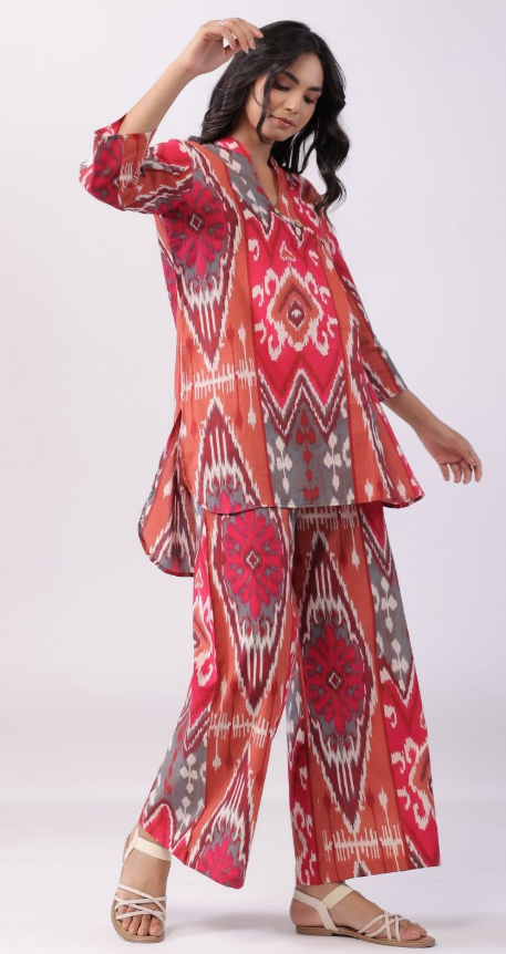 Ethnic Motifs Printed Mandarin Collar Tunic With Palazzos