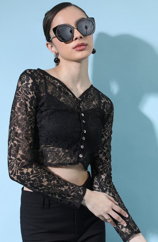 Self Design V-Neck Lace Inserts Detail Crop Top